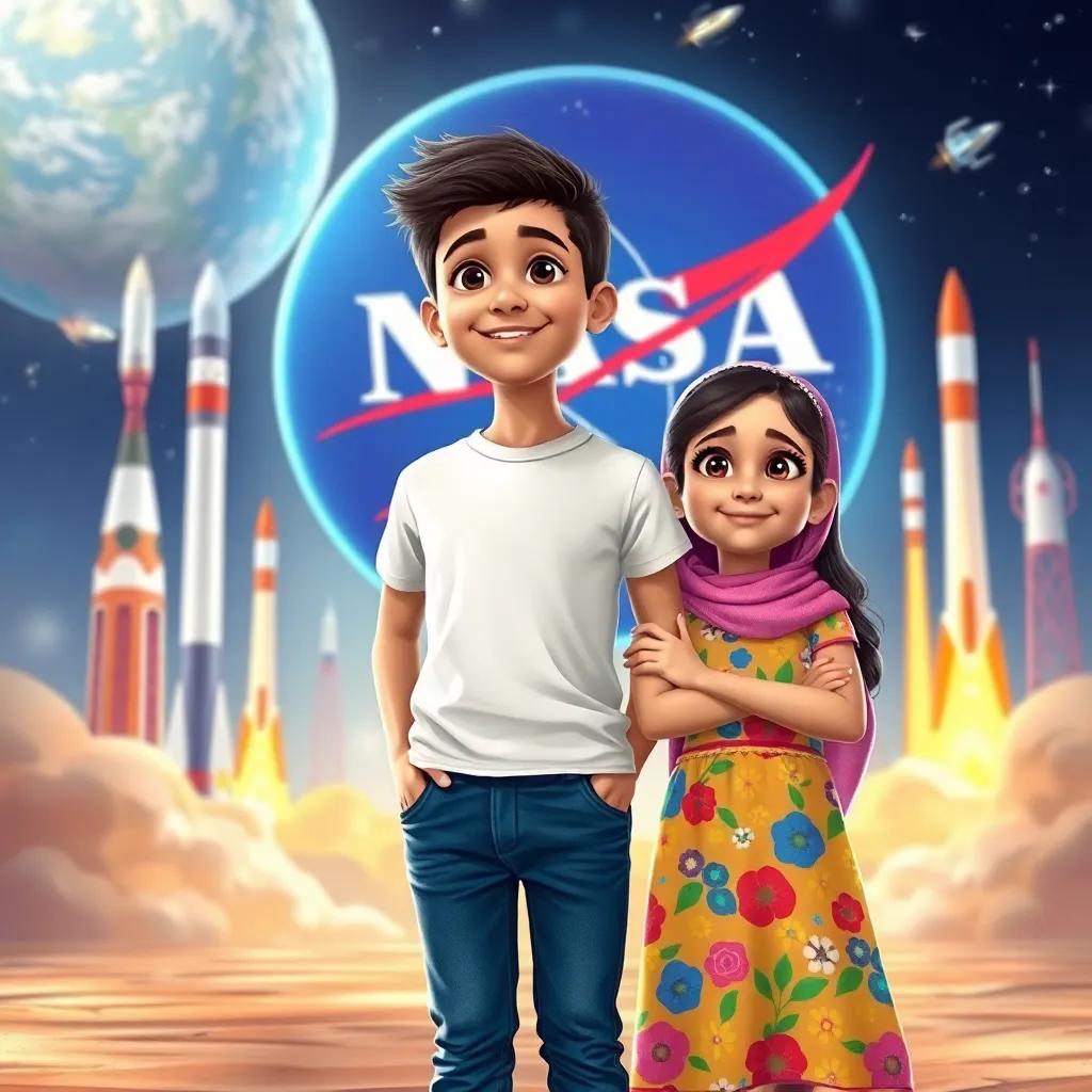 A young Arab boy, Sami, wearing a t-shirt and jeans, and a young Arab girl, Fatima, in a colorful dress, standing in front of NASA with rockets and space ships in the background, filled with excitement and wonder, digital painting, vibrant colors, educational theme, high quality