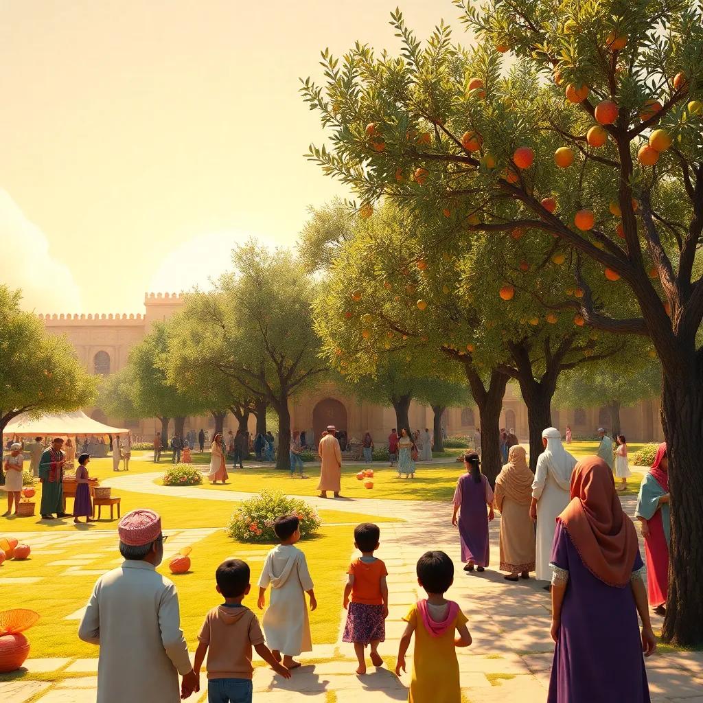 A large public garden in Kairouan with fruit trees and olive trees, merchants trading gold and singing, children watching the caravan approaching from afar, sunny day with a joyful vibe