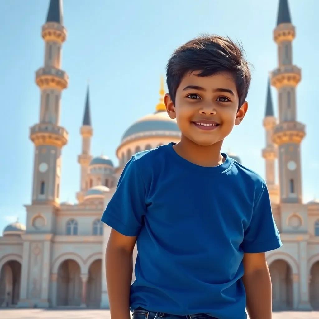A young Egyptian boy, Sami, with short black hair, wearing a blue t-shirt and jeans, standing in front of a grand mosque with tall minarets, bright sunlight, cheerful atmosphere, high quality, digital art, vibrant colors