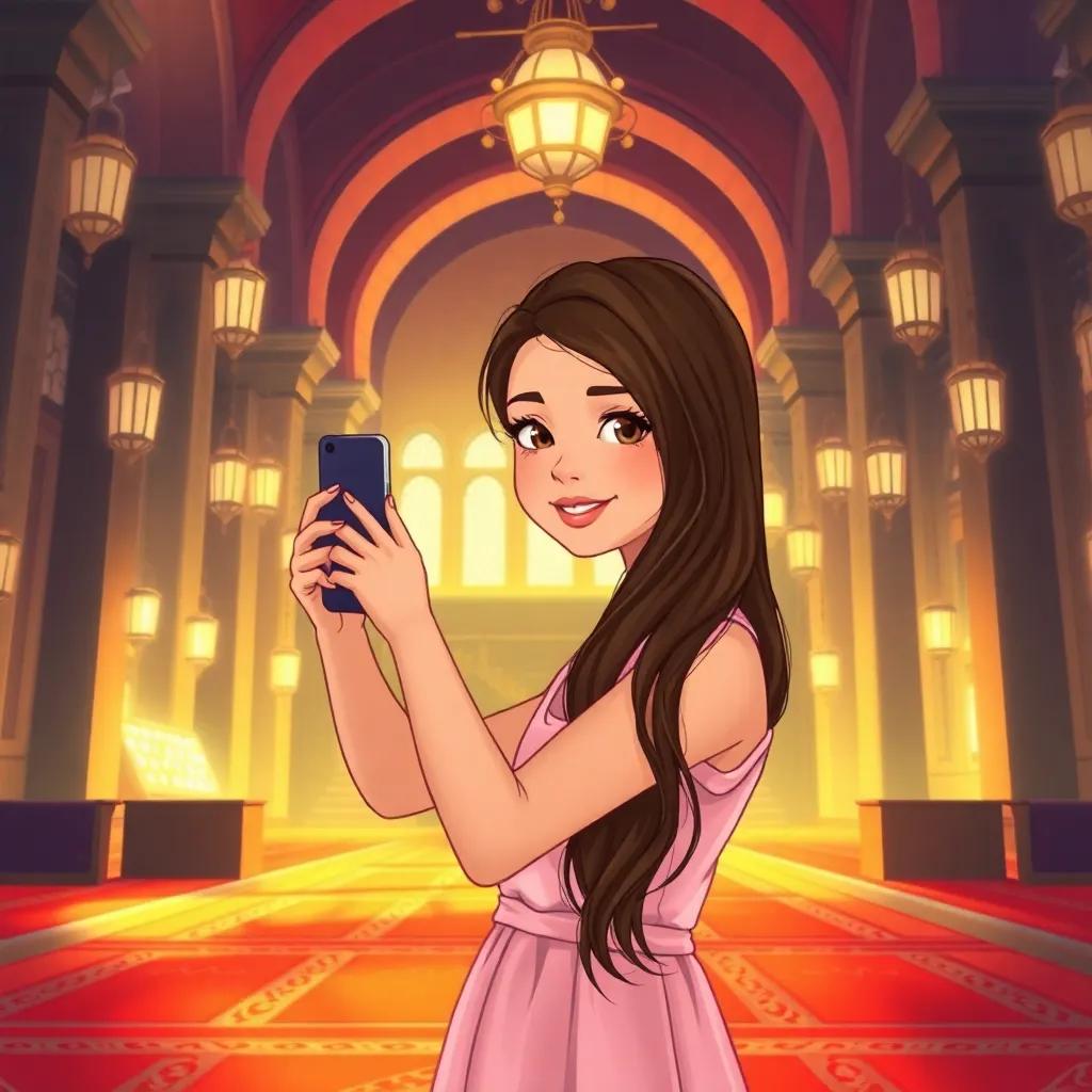 An Egyptian girl, Leila, with long brown hair, wearing a pink dress, taking pictures inside a beautiful prayer hall with red carpets and shining lanterns, warm light, cozy ambiance, illustration, colorful