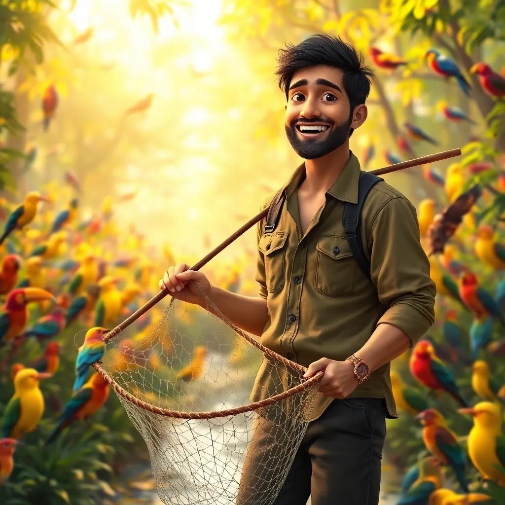 A smiling man named Sami, wearing a casual shirt and pants, carrying a fishing net in a vibrant forest full of colorful birds, warm sunlight filtering through the trees, joyful atmosphere, digital art, detailed, bright colors