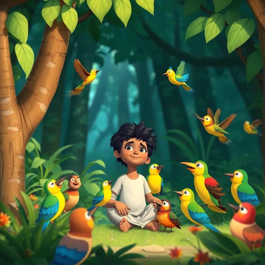 Sami in the lush forest, surrounded by singing birds, colorful and cheerful, engaging in conversation with them, illustration, lively, friendly