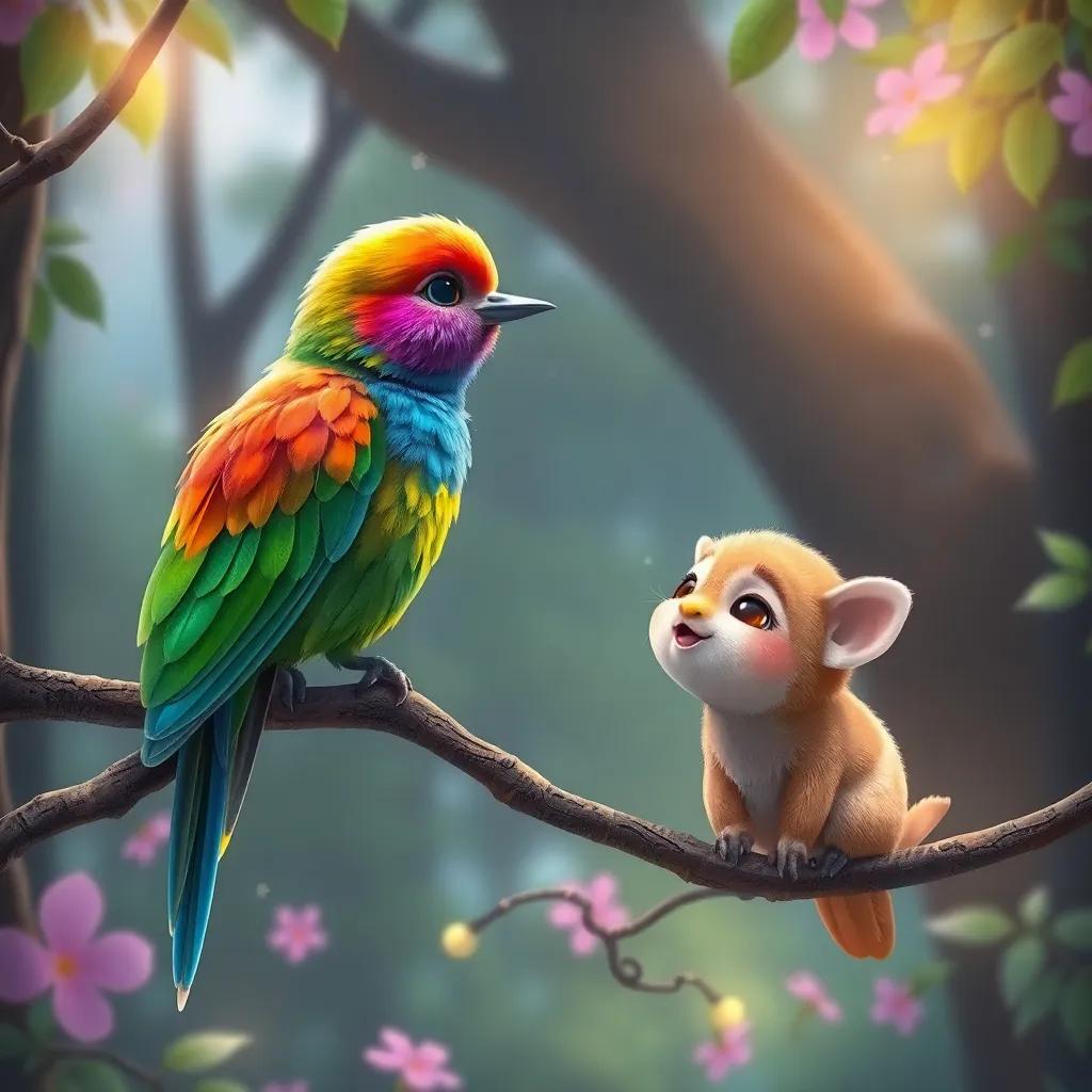 A beautiful rainbow-colored bird perched on a branch, singing sweet songs, while Sami listens intently, enchanting forest background, magical, delicate details