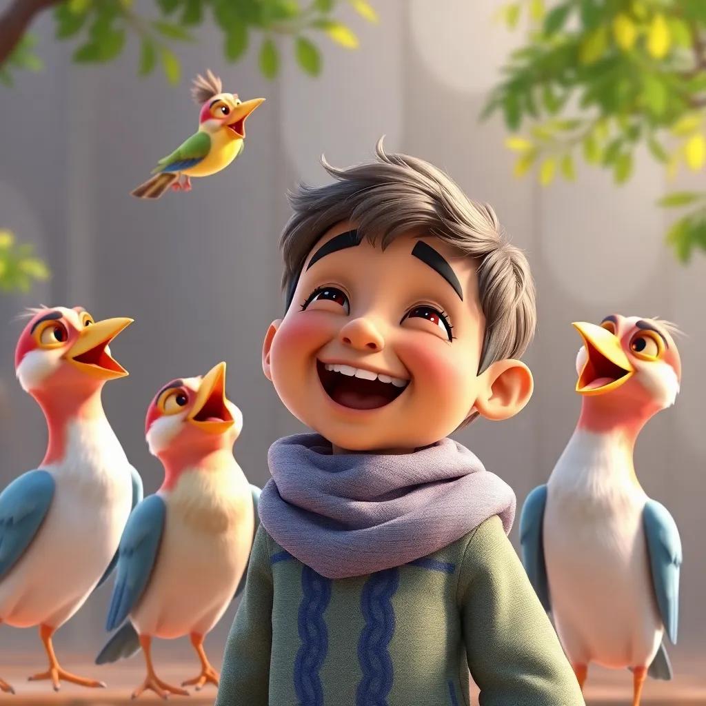 Sami imitating bird sounds, with birds laughing around him, depicted in a playful scene, child-friendly, cartoon style, vibrant