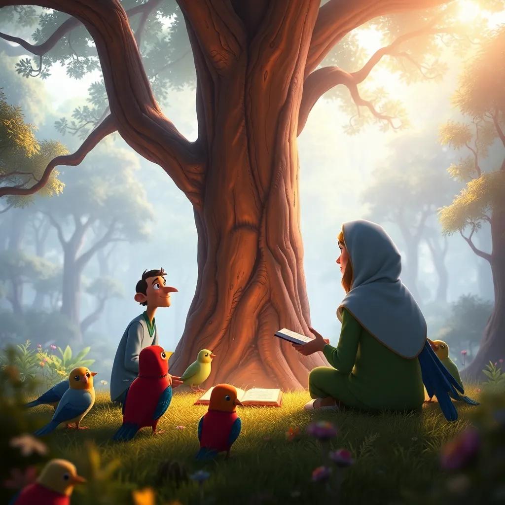 Sami and the birds gathered around a huge tree, discussing and sharing stories, with a magical forest setting, warm light, colorful