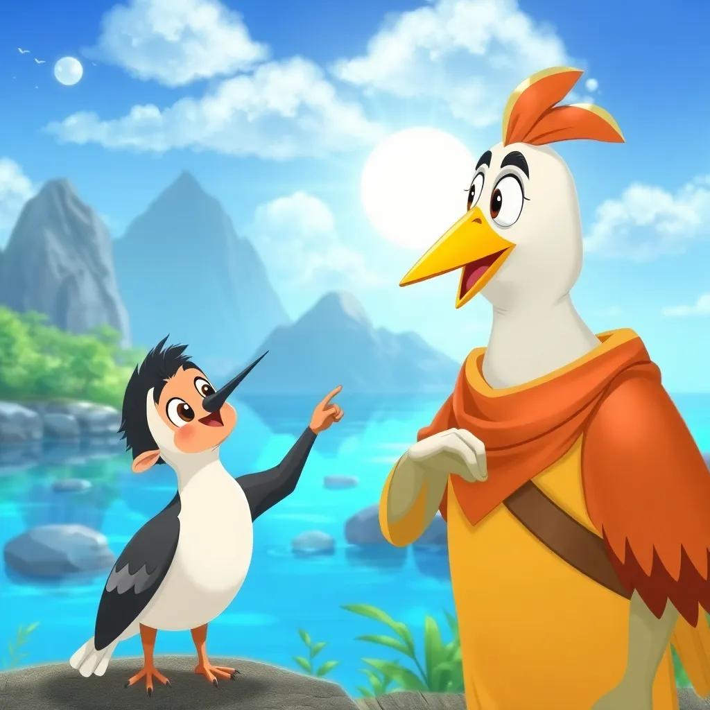 Sami's eager expression as the special bird guides him, pointing at the wonderful peaceful spots, illustration, exciting, cheerful
