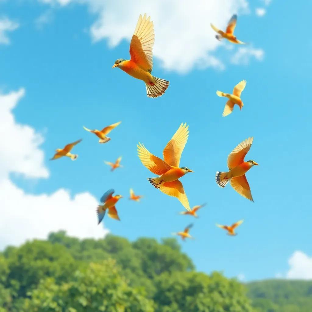 A flock of colorful birds flying gracefully above Sami, with expansive greenery around, showcasing freedom, uplifting, bright