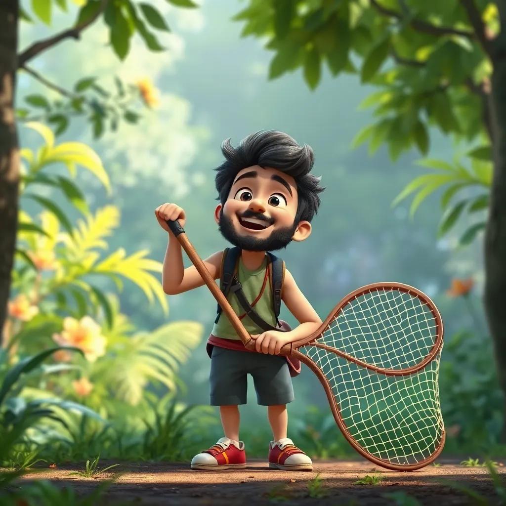 Sami patiently waiting with his net, joyful anticipation, surrounded by lush greenery and preparing for the next adventure, vibrant, positive