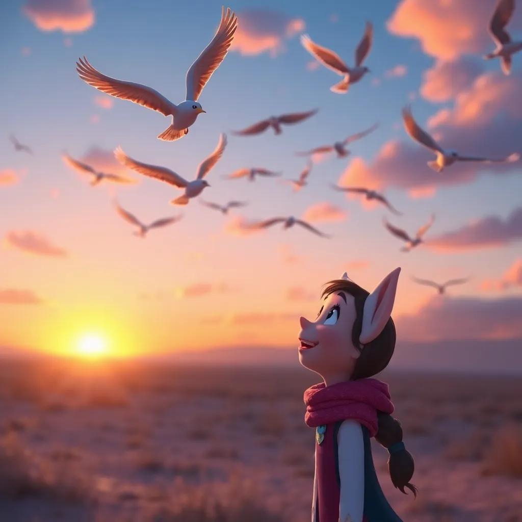 Sami smiling and saying goodbye to the birds, watching them soar into the sky, beautiful sunset, heartwarming, colorful