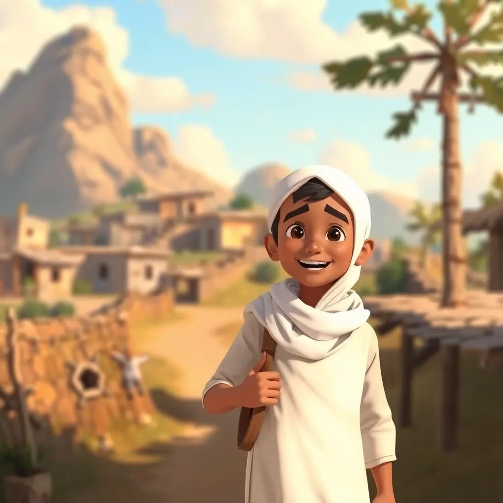 Sami returning home with a happy expression, the village in the background, peaceful atmosphere, fulfilled, warm colors