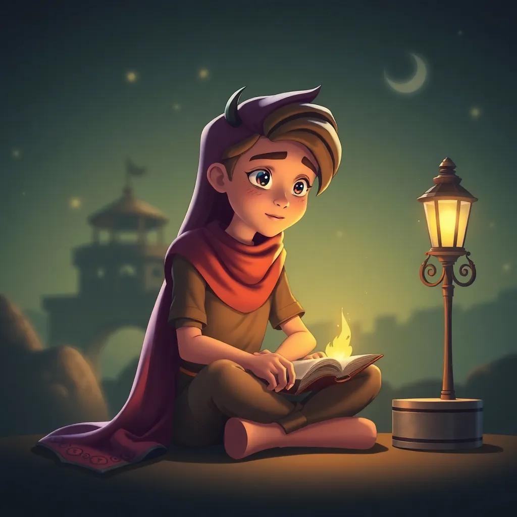 بحيرة سرية مع سمكة حكيمة لاميا، أمامها أطفال يستمعون بإعجاب، المناظر الطبيعية حول البحيرة جميلة، مشهد هادئ، مليء بالجمال والطبيعة