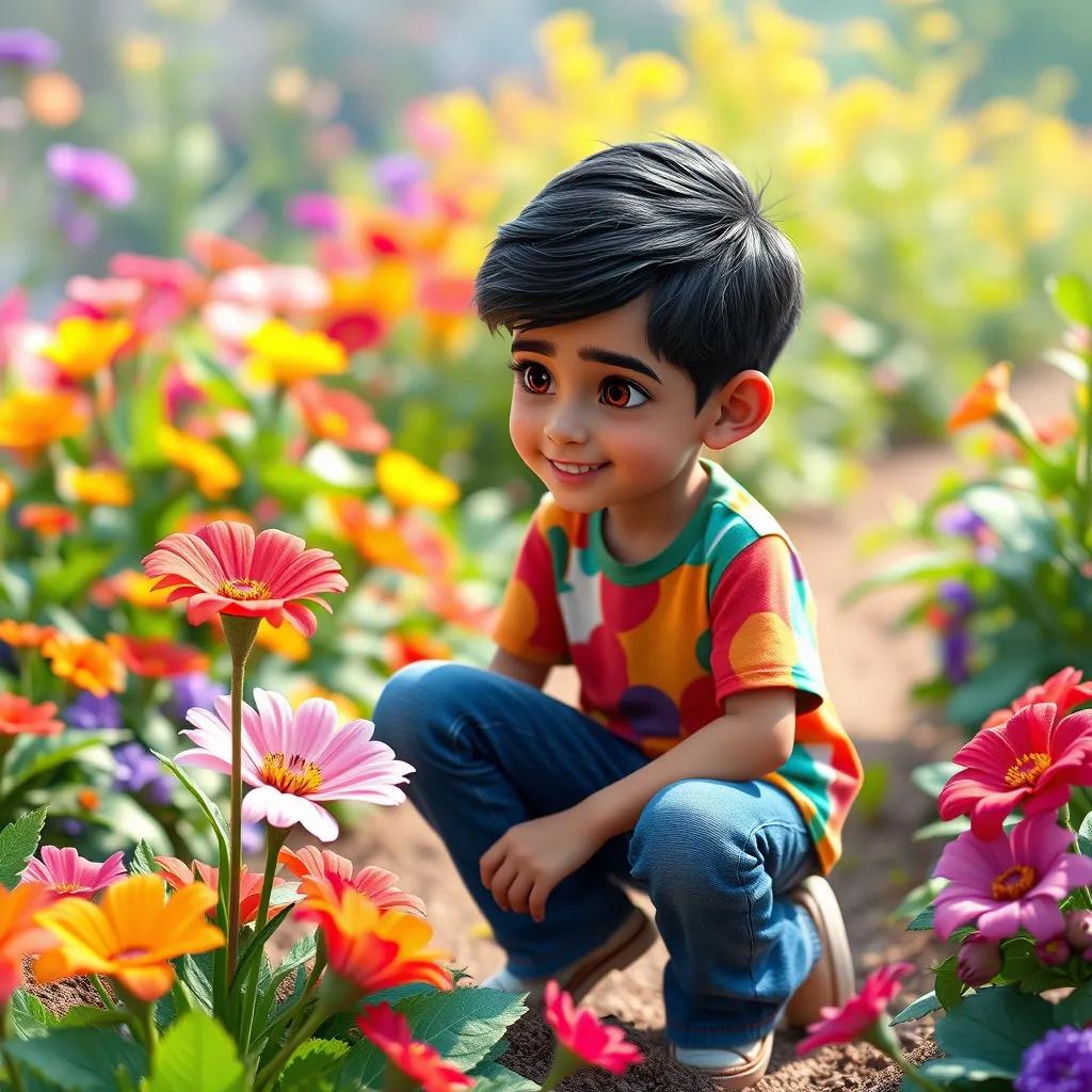 A young Arab boy, Sami, with short black hair, wearing a colorful t-shirt and jeans, kneeling in a vibrant garden, amazed by a beautiful flower, digital art, bright colors, joyful atmosphere, high quality