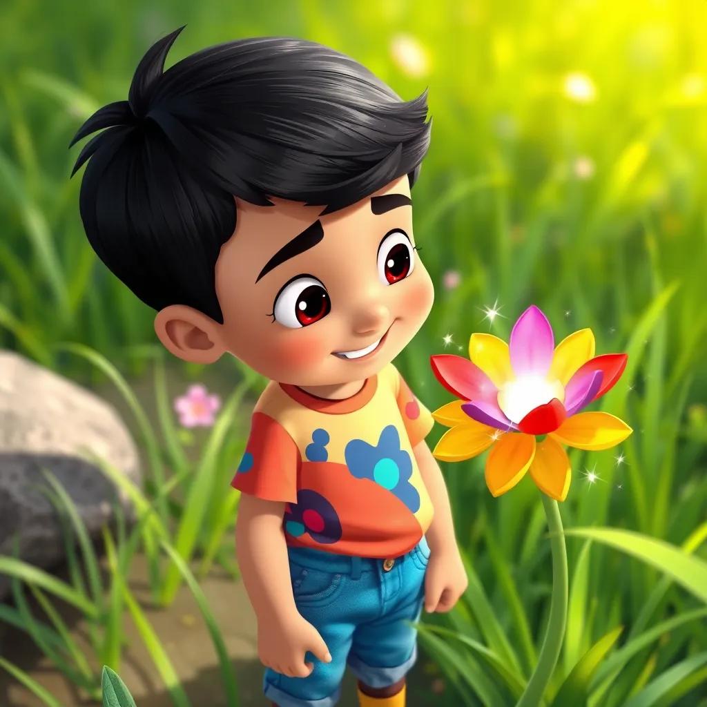 Sami, a young Arab boy, with short black hair, wearing a colorful t-shirt and jeans, looking at a sparkling flower with colorful petals surrounded by green grass, cheerful, vivid, child-friendly