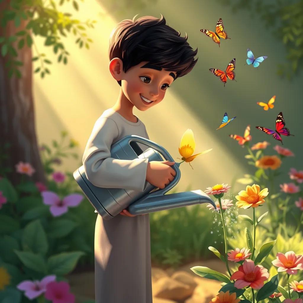 Sami carrying a watering can, watering the beautiful flower in the garden, with sunlight shining and colorful butterflies flying around, illustration, warm light, inviting atmosphere