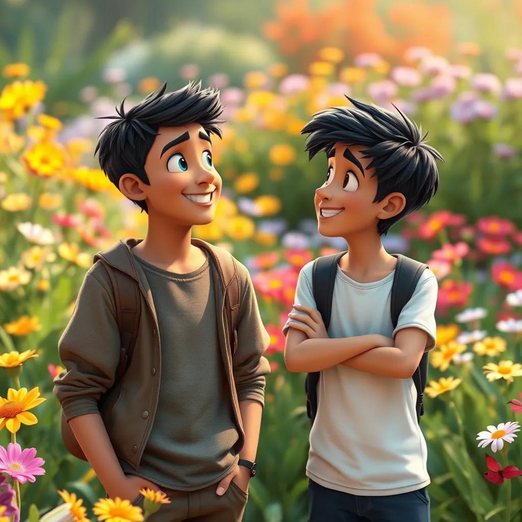Sami and his friend Ali, with short black hair and wearing casual clothes, standing in a garden filled with flowers, smiling and looking at each other in wonder, joyful, colorful scenery, high quality