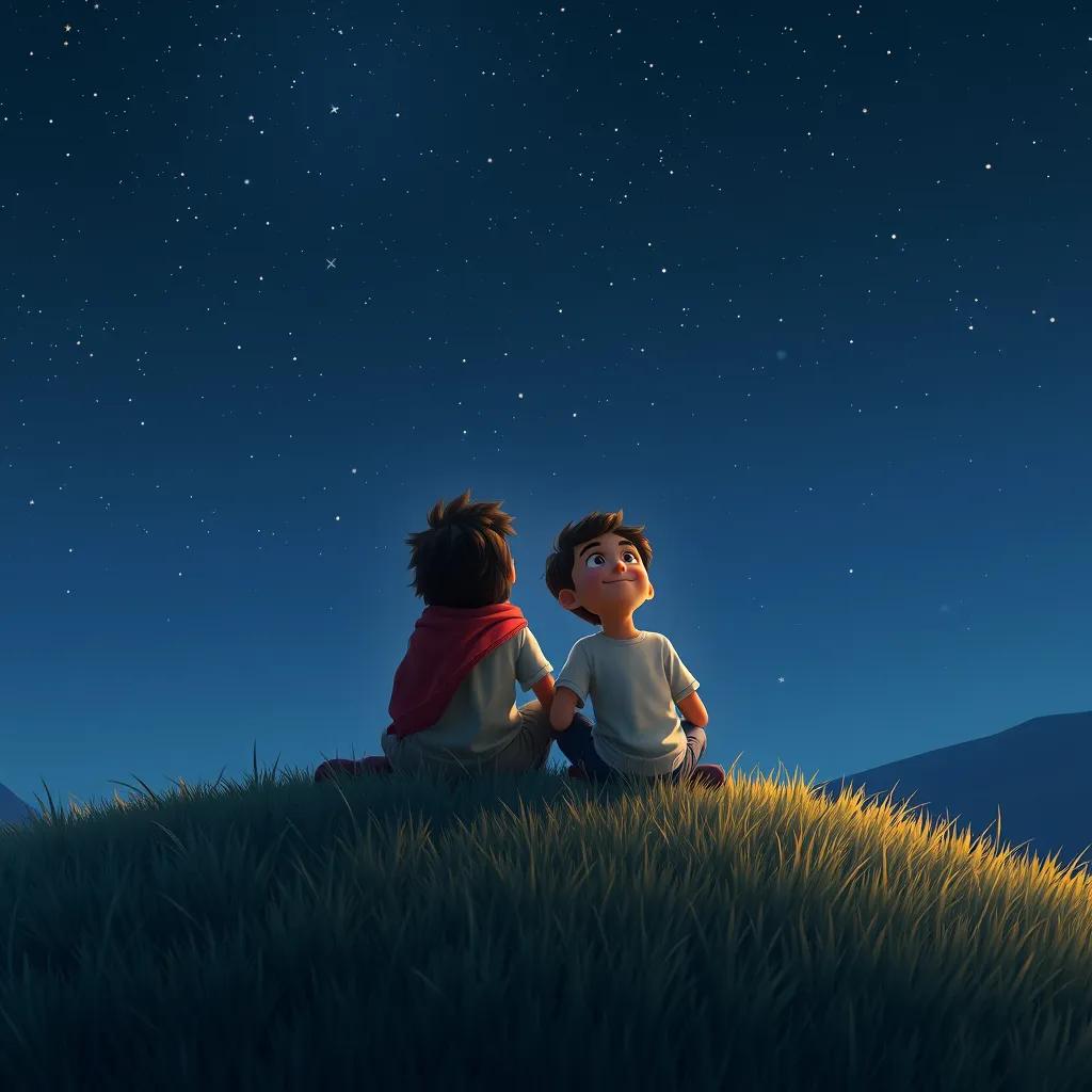 Sami and Ali sitting on a grassy hill at night, staring up at the twinkling stars in the sky, expressing amazement, dreamy, calm colors, uplifting imagery