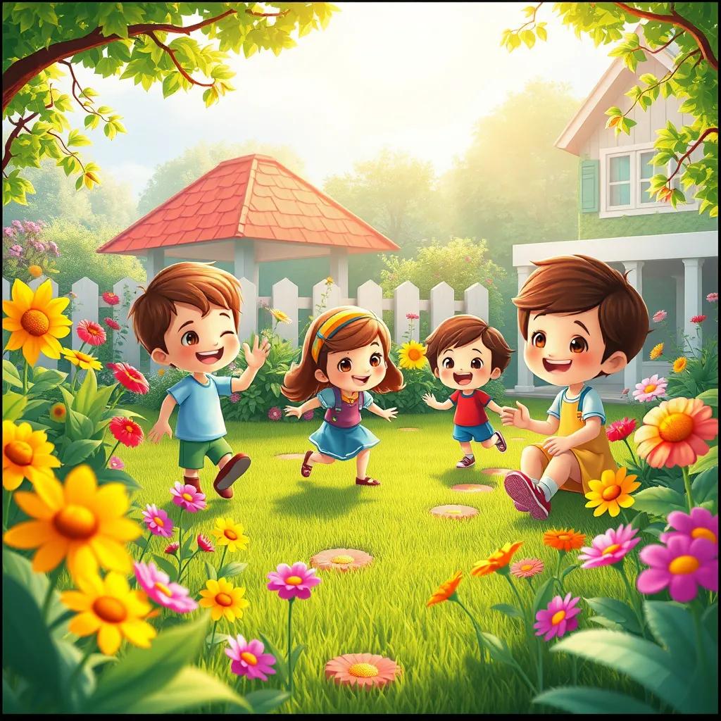 A colorful garden scene with children playing, flowers around, bright sunlight shining, smiling children, illustrations, cheerful, inviting atmosphere, high quality