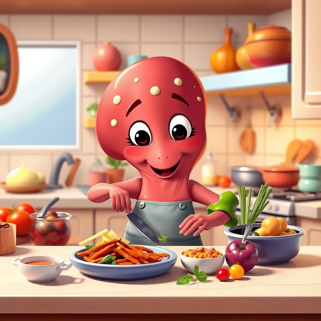 A vibrant kitchen with a cartoon liver resembling an octopus preparing food, colorful ingredients, friendly face, digital art, warm colors, engaging