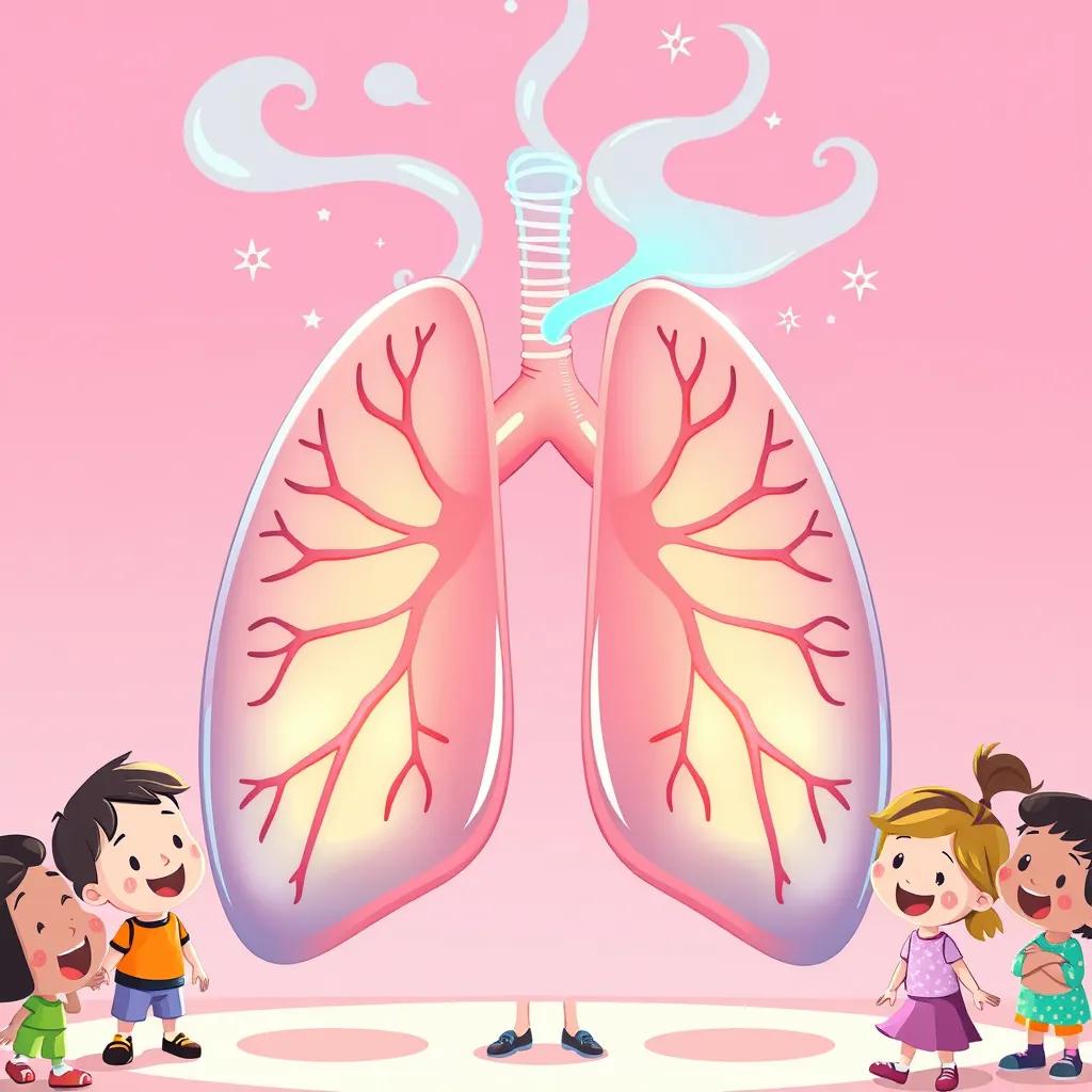 A pair of lungs in a friendly cartoon style, breathing deeply with animated air flow, surrounded by happy children watching, bright setting, playful illustration
