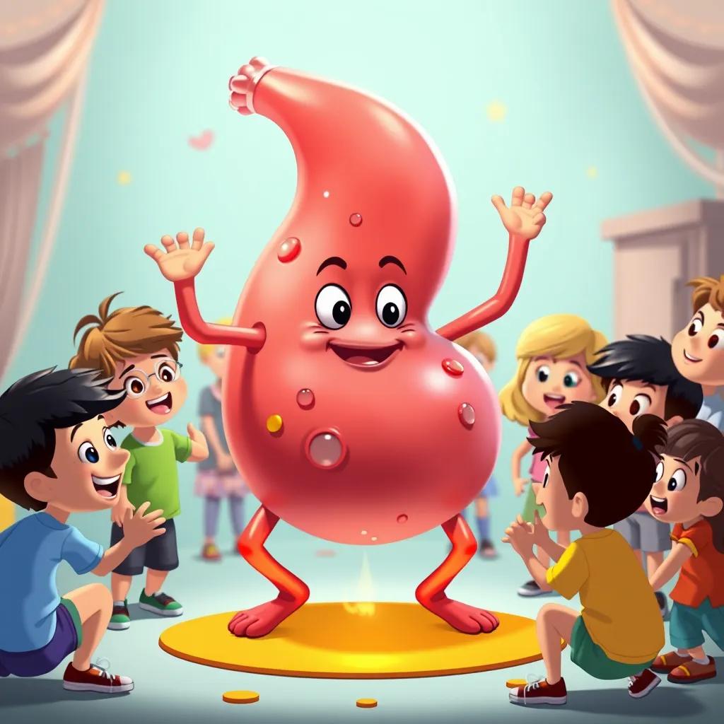 A cartoonish stomach with arms and legs, spinning and working, surrounded by kids fascinated by its activity, bright colors, animated style, creative