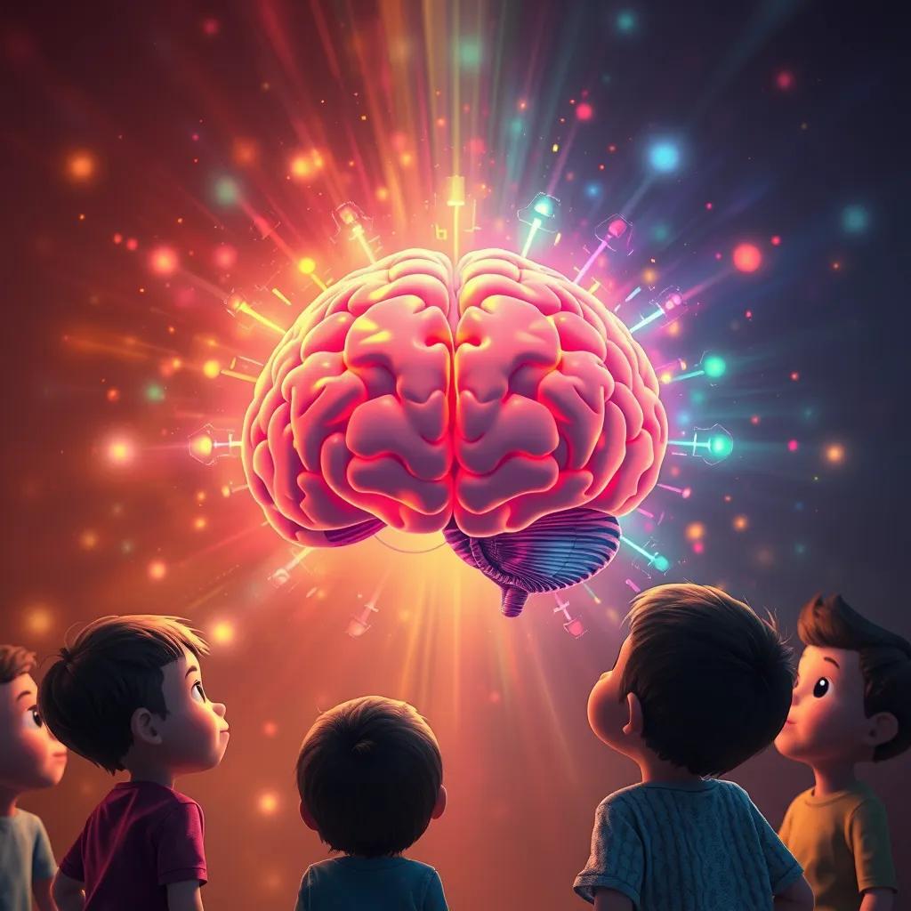 A glowing brain centralized, with colorful light around it, children looking in awe, intellectual aura, digital art, warm colors, thoughtful atmosphere
