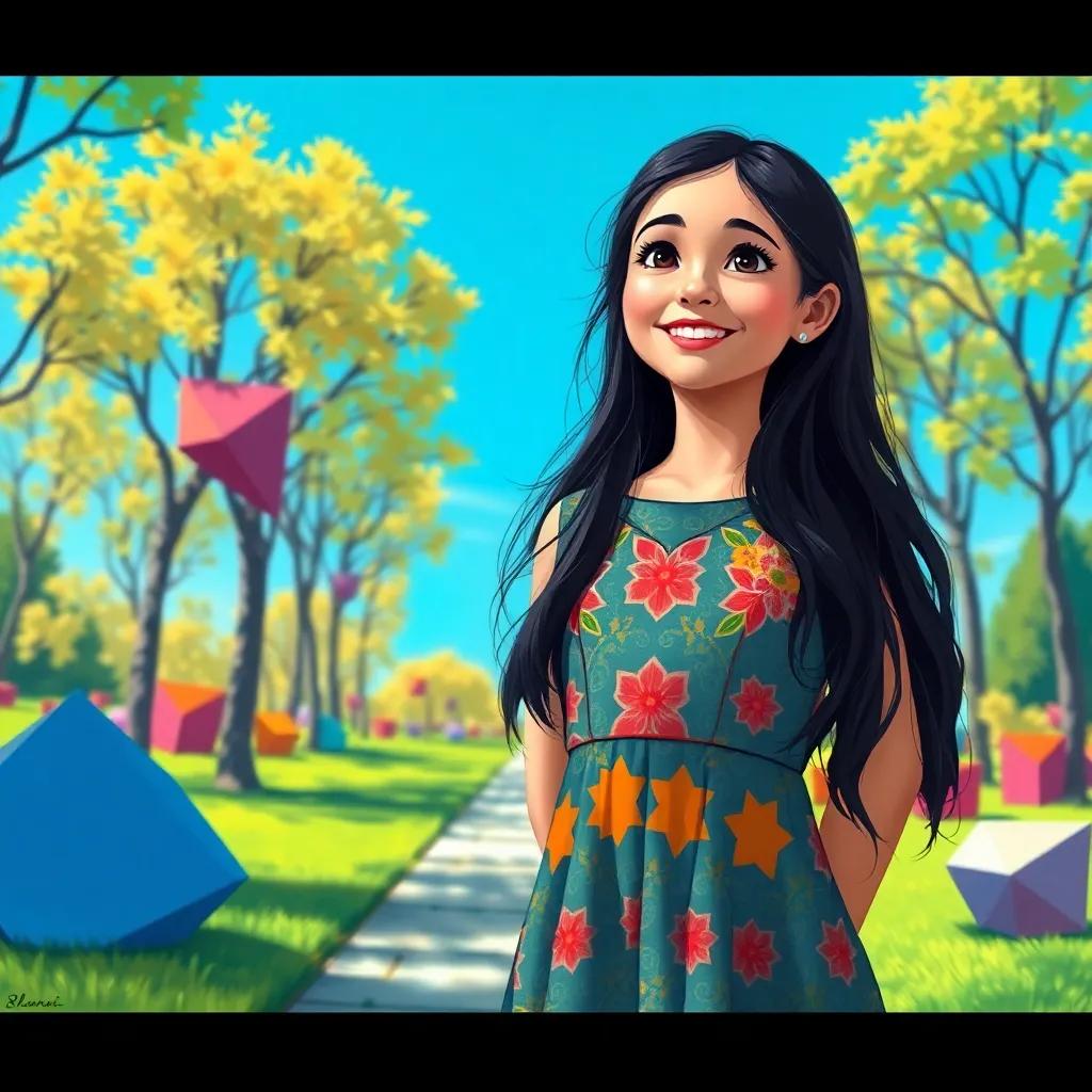 A young Arab girl, Sara, with long, dark hair, wearing a colorful school dress, standing in a park full of geometric shapes, smiling and thinking, bright blue sky, cheerful atmosphere, digital painting, vivid colors, high quality