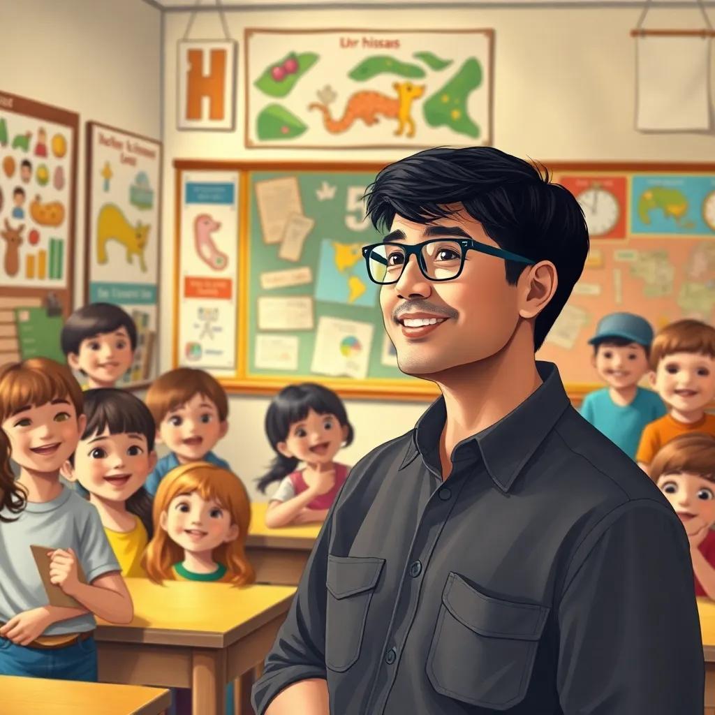 A teacher, Mr. Hisab, with short black hair, wearing glasses and a casual shirt, standing in front of excited children in a classroom, colorful educational posters on the wall, warm light, engaging learning environment, detailed illustration, child-friendly