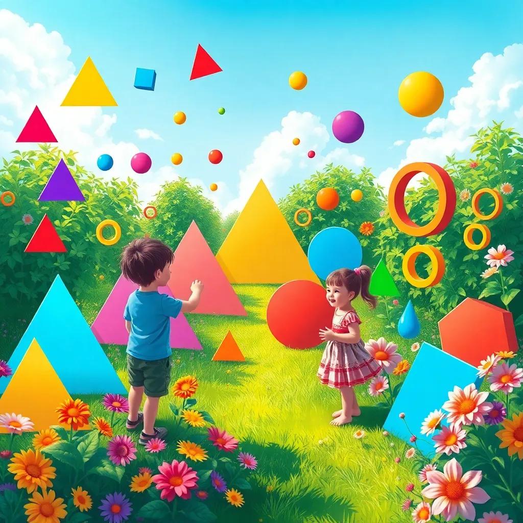 A vibrant garden filled with triangles, circles, and squares, with happy children counting the shapes, bright sunlight and colorful flowers around, cheerful atmosphere, digital art, high quality, inviting scene