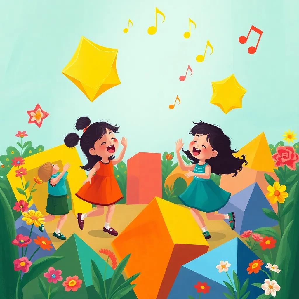 Children singing and dancing around geometric shapes in a colorful garden, with musical notes floating in the air, joyful expressions, bright colors, lively atmosphere, digital illustration, engaging