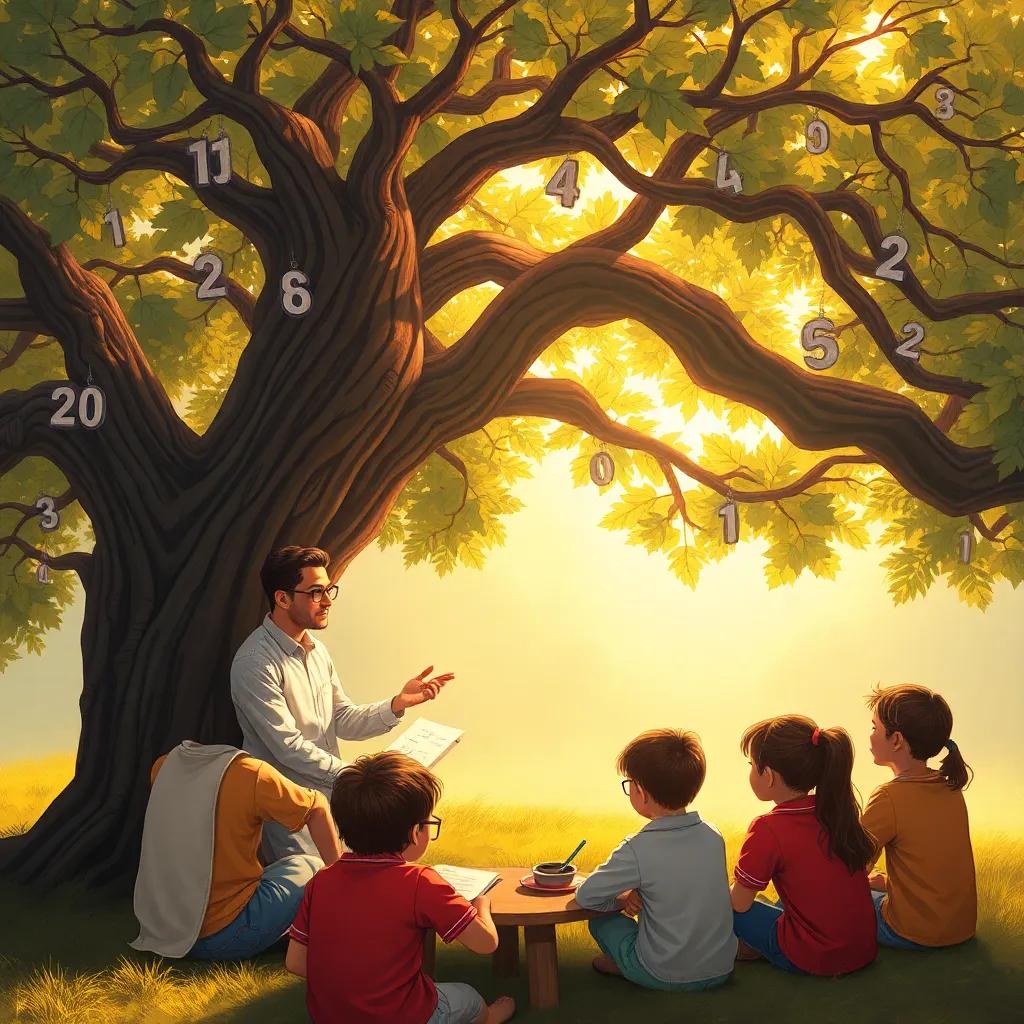 A teacher, Mr. Hisab, explaining math concepts to eager students under a big tree with numbers hanging from its branches, warm sunlight shining through the leaves, detailed scene, friendly and inviting, high quality