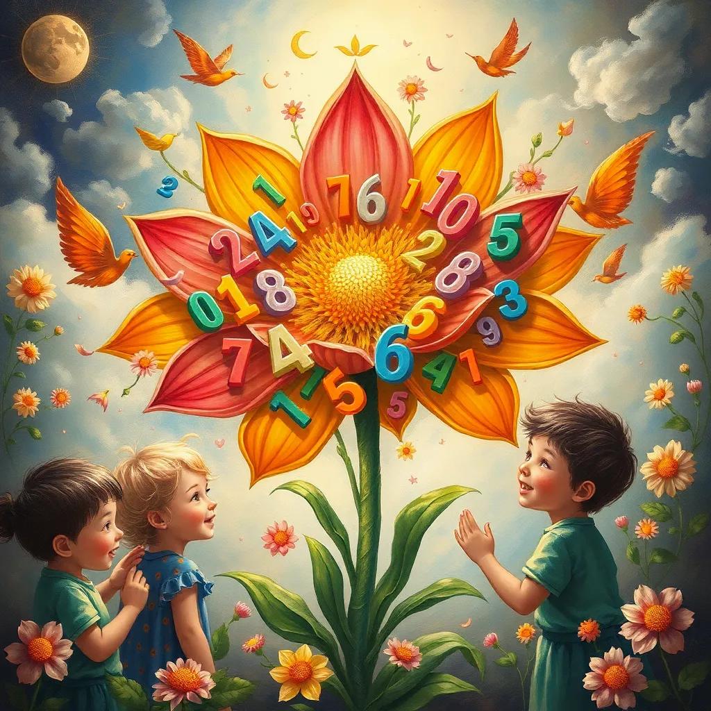 A flower blooming with numbers and shapes, surrounded by children looking with amazement, bright colors, captivating and cheerful atmosphere, detailed illustration, enchanting