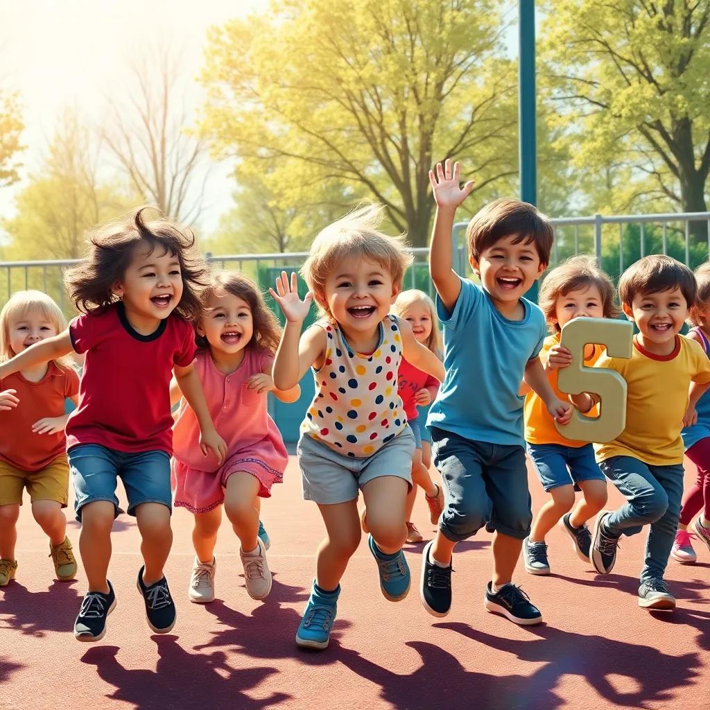 A group of happy children playing with large numbers on a playground, bright sunny day, laughter and joy depicted, vibrant colors, fun setting, digital painting, high quality