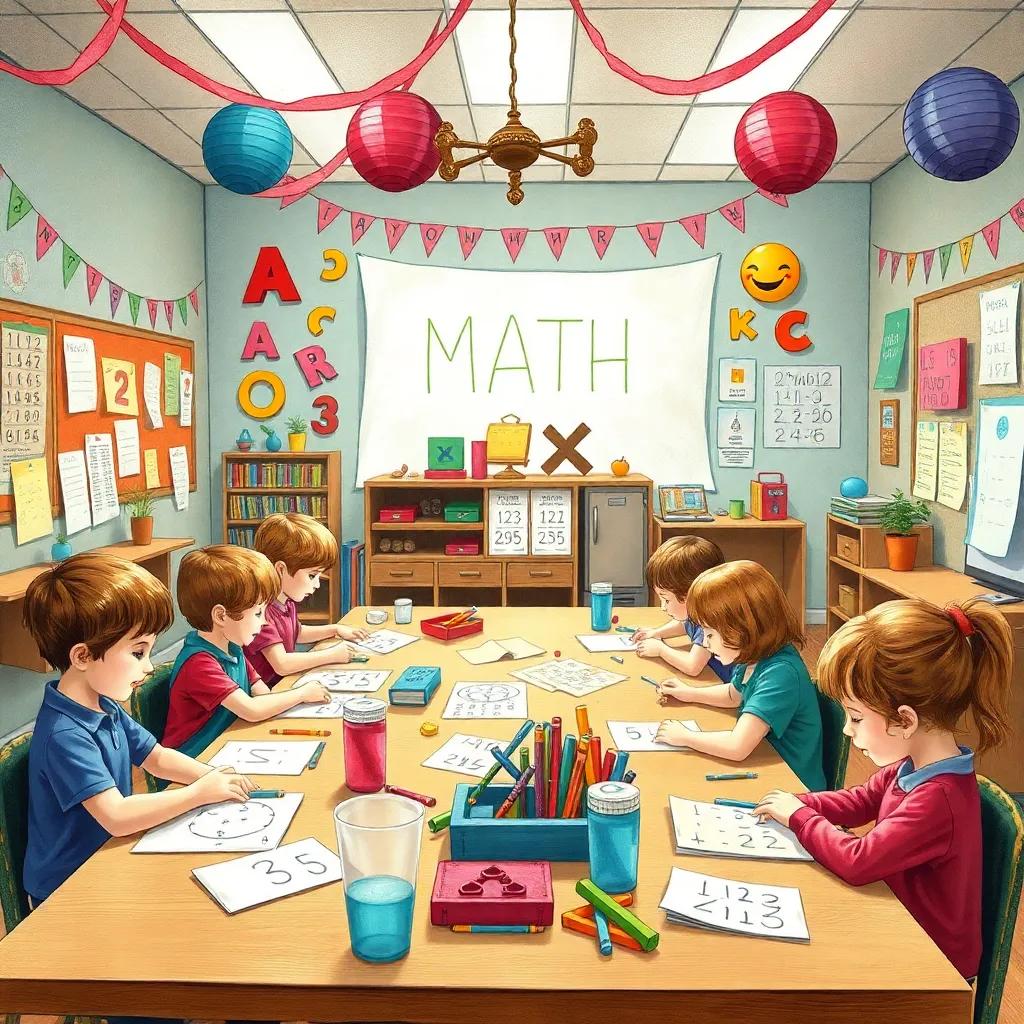 A classroom filled with children learning about math through creative activities, colorful paper, decorations, and materials, welcoming atmosphere, detailed illustration, child-friendly