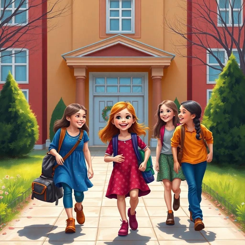 Sara and her friends returning to the school, talking excitedly about their math adventure with smiles on their faces, colorful school building in the background, bright lighting, joyful expression, high quality