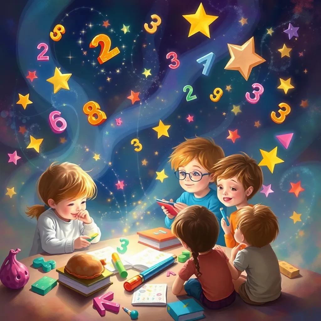A magical scene with children enjoying math, with numbers and shapes floating around like stars, colorful, dreamy atmosphere, digital painting, high quality, imaginative