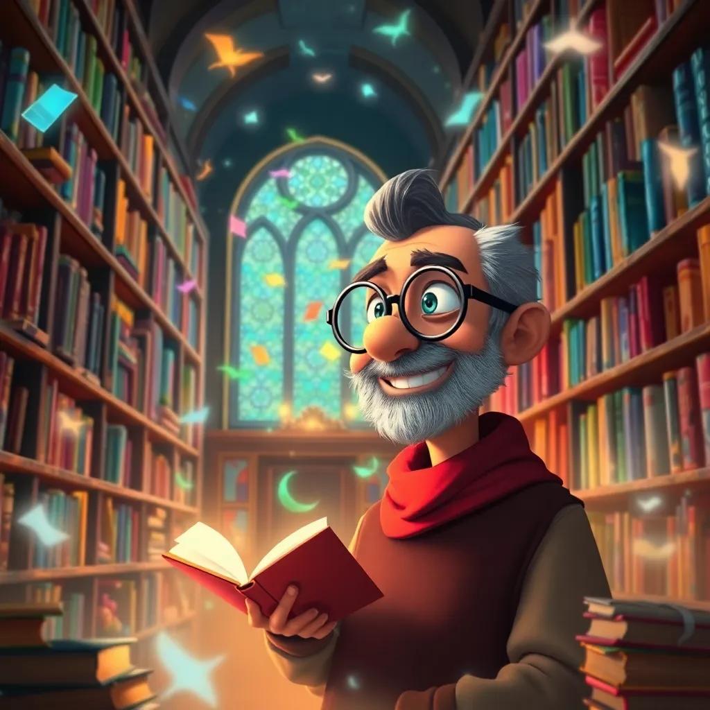 Sami in a magical library filled with colorful floating books, surrounded by a mystical glow, old librarian with big glasses smiling warmly at him, detailed digital art, warm colors, enchanting atmosphere