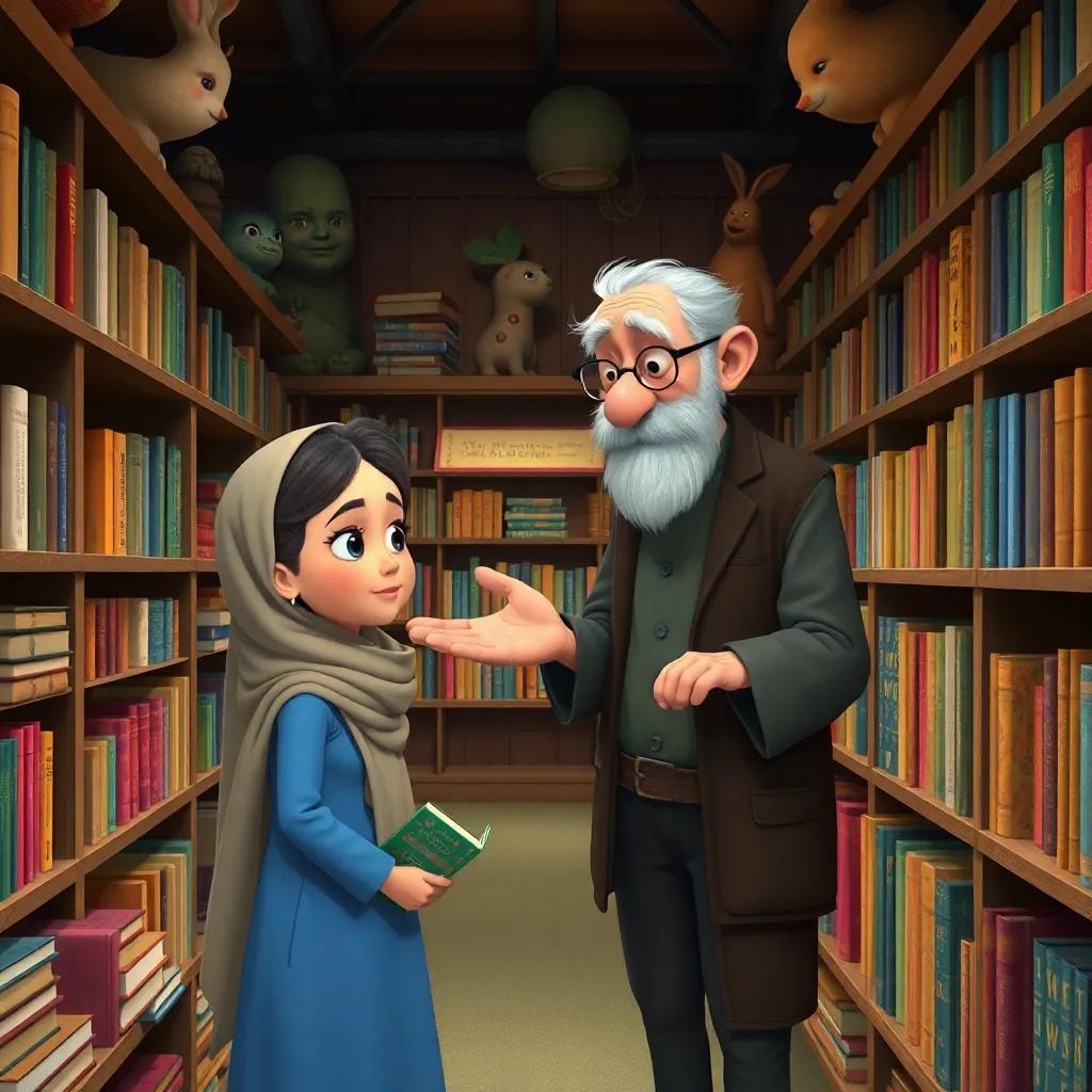 An elderly librarian guiding Sami through the 'Wonders' section, shelves filled with books of different shapes and sizes, whimsical decor, friendly ambiance, highly detailed