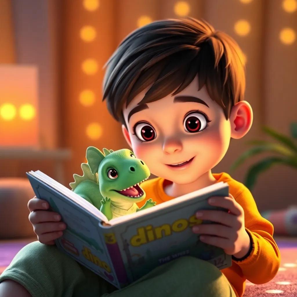 Sami reading a book about dinosaurs, suddenly a small dinosaur appears, it has friendly eyes and a playful demeanor, in a glowing environment, vibrant colors
