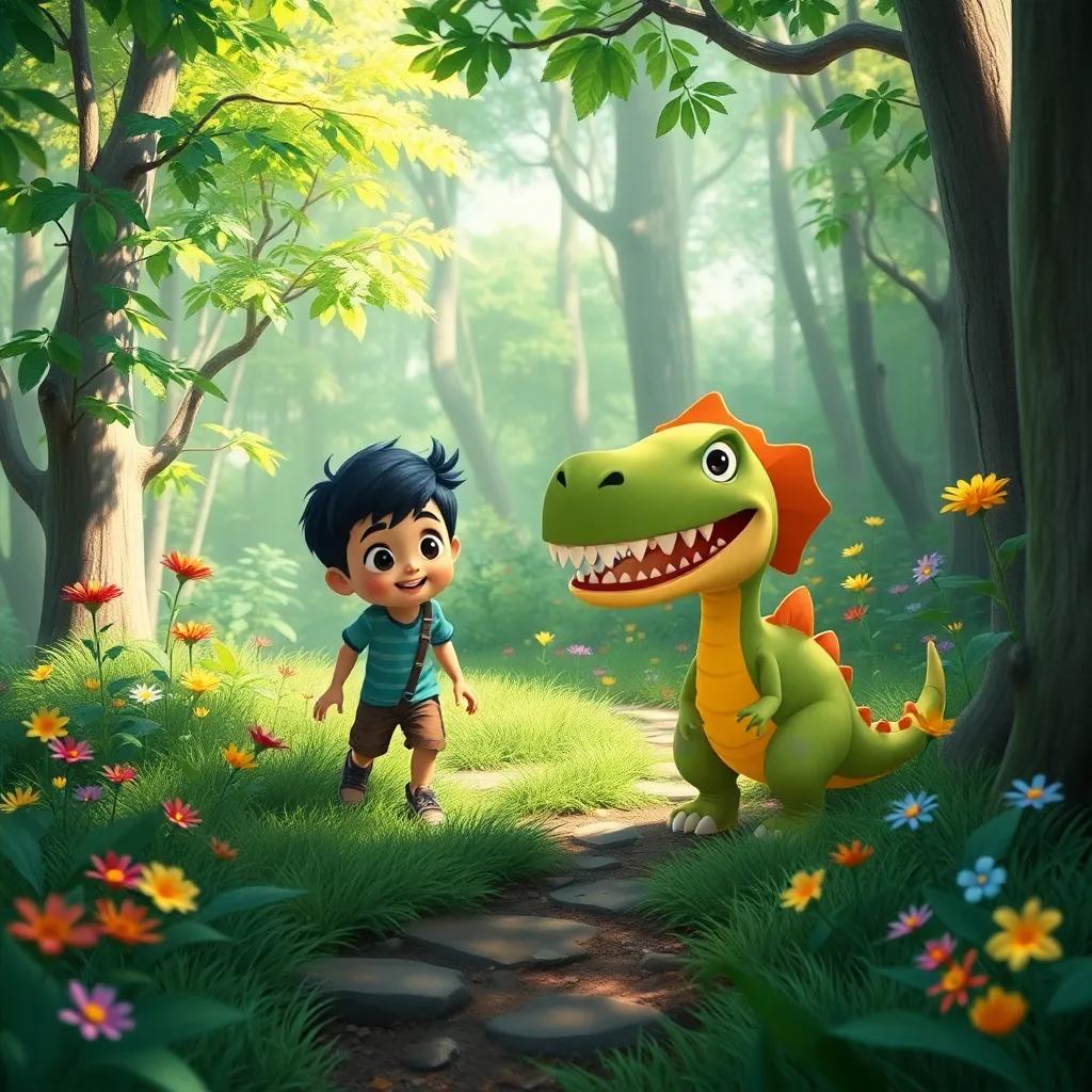 Sami and his dinosaur friend, Dino, searching for a path in a lush green forest with colorful flowers, playful and inviting, child-friendly illustration