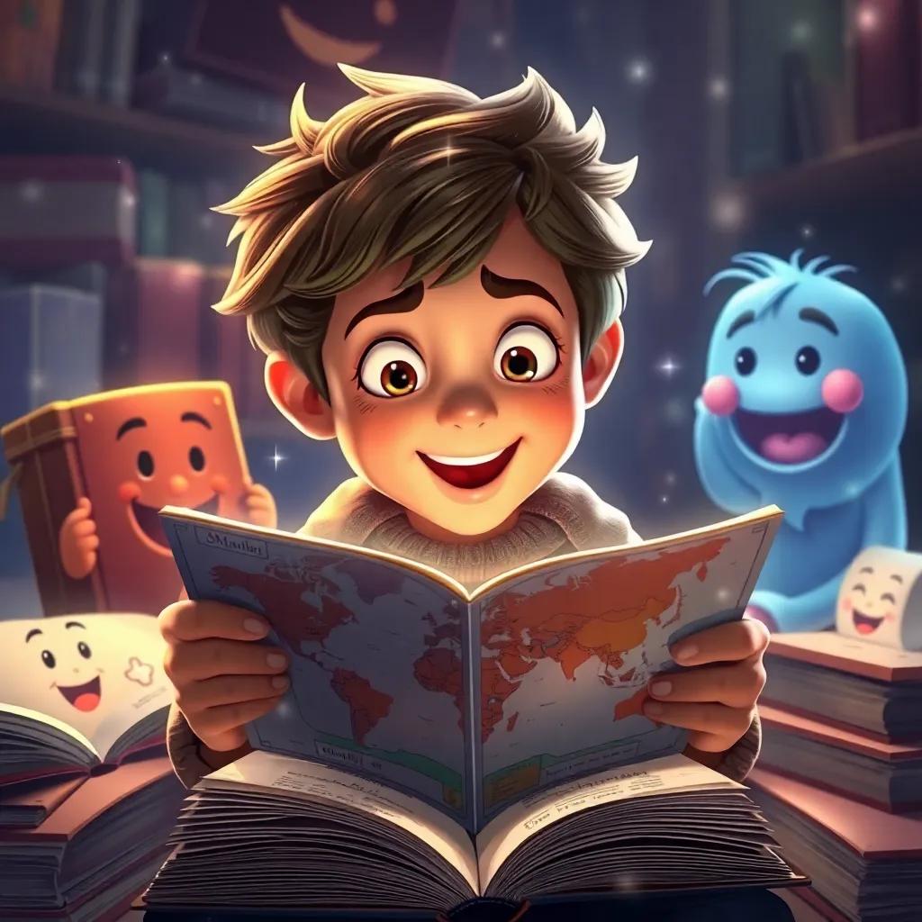 Sami excitedly reading a map from a book, surrounded by talking books with friendly faces, magical light effects, fantasy theme