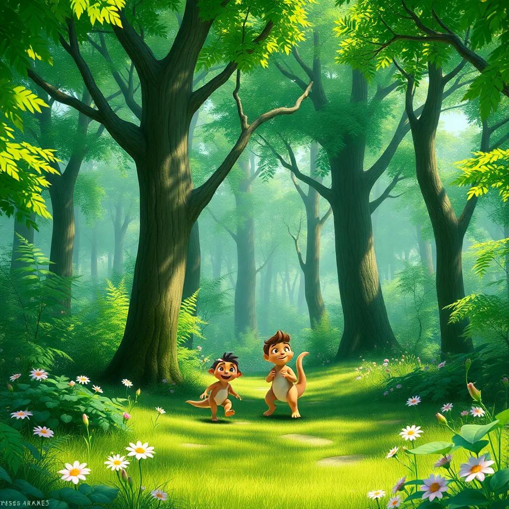 The beautiful green forest filled with trees and flowers, with Sami and Dino happily exploring, bright colors, uplifting atmosphere, highly detailed