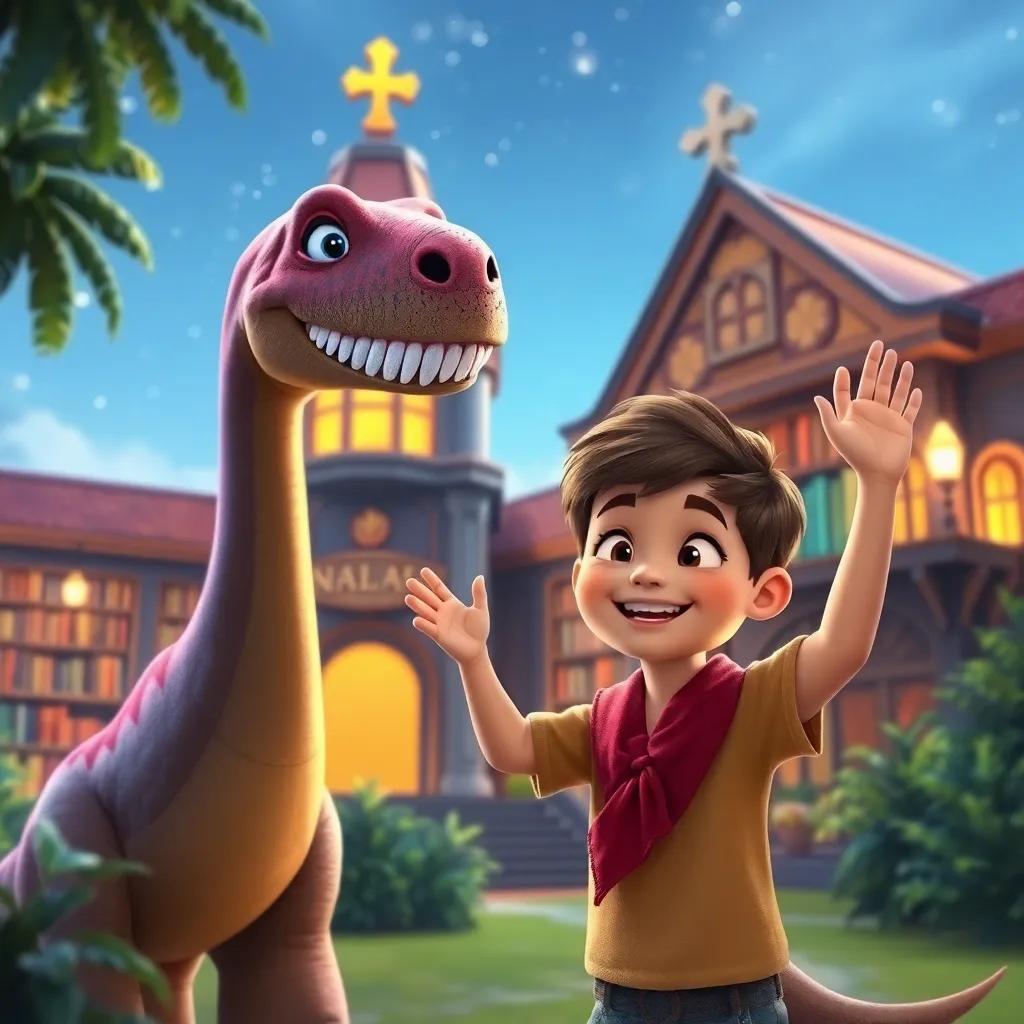 Sami smiling as he waves goodbye to his dinosaur friend, with the magical library shining brightly behind him, joyful mood, heartwarming