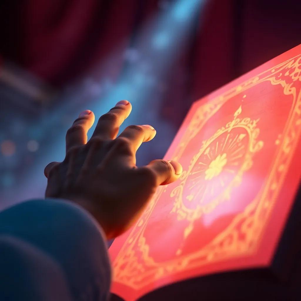A close-up of a big red book glowing with magical light, with Sami's hand reaching out to touch it, enchanting scene, vivid colors