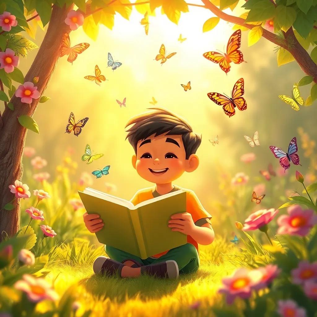 Sami happily reading in his garden as colorful butterflies fly around him, warm sunlight creating a peaceful ambiance, cheerful illustration