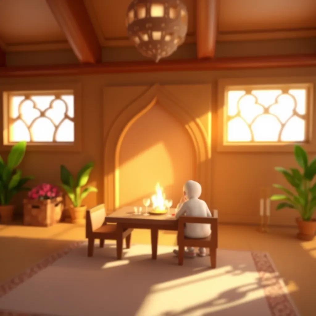 معلمة علي, امرأة عربية, في منتصف العمر, ترتدي حجاباً ملوناً ونظارات, تتحدث بحماس مع علي في فصل دراسي مليء بالكتب, تفاصيل دقيقة, أجواء مشجعة