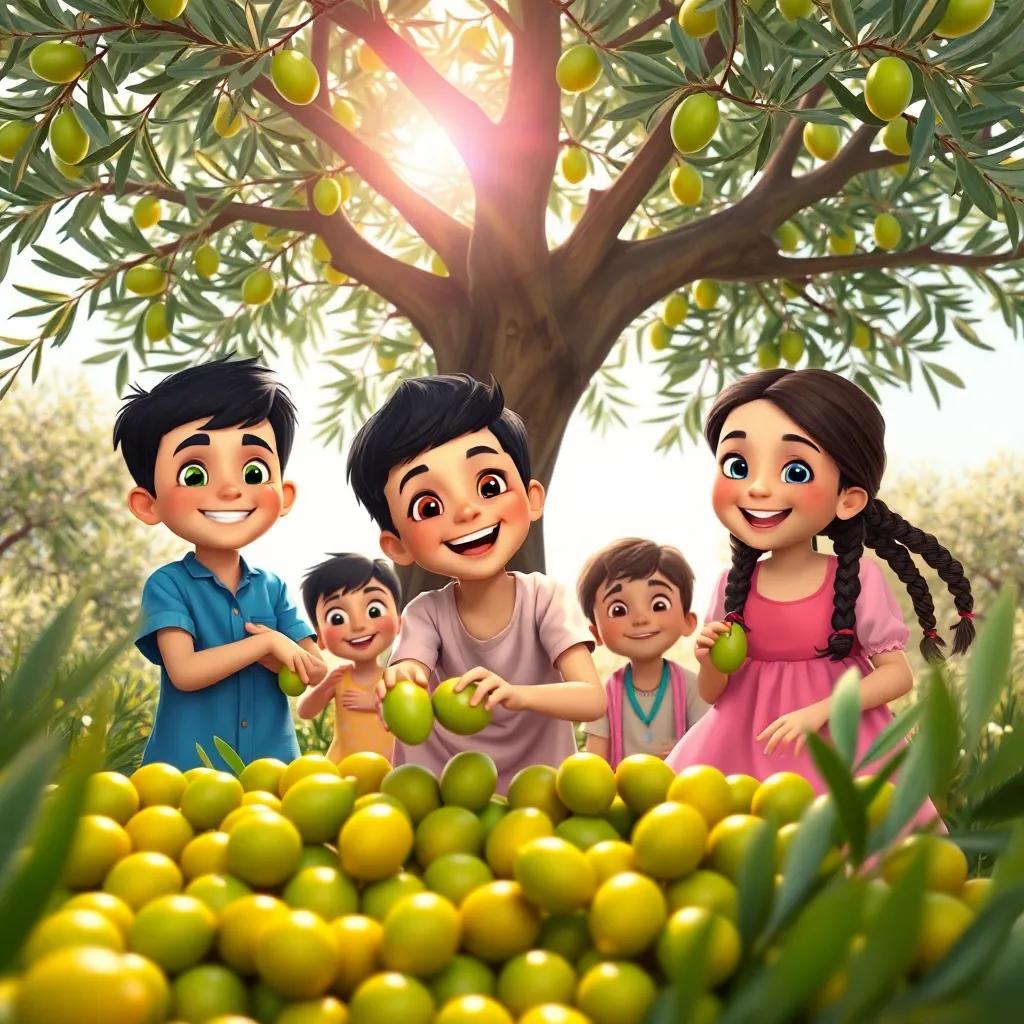 A group of children, including Ali, a young Arab boy with short black hair wearing a blue shirt and Sarah, a young Arab girl with braided hair wearing a pink dress, happy and playful, gathering bright green olives under a big olive tree, sunlight shining through the leaves, vibrant colors, joyful atmosphere, digital art, high quality