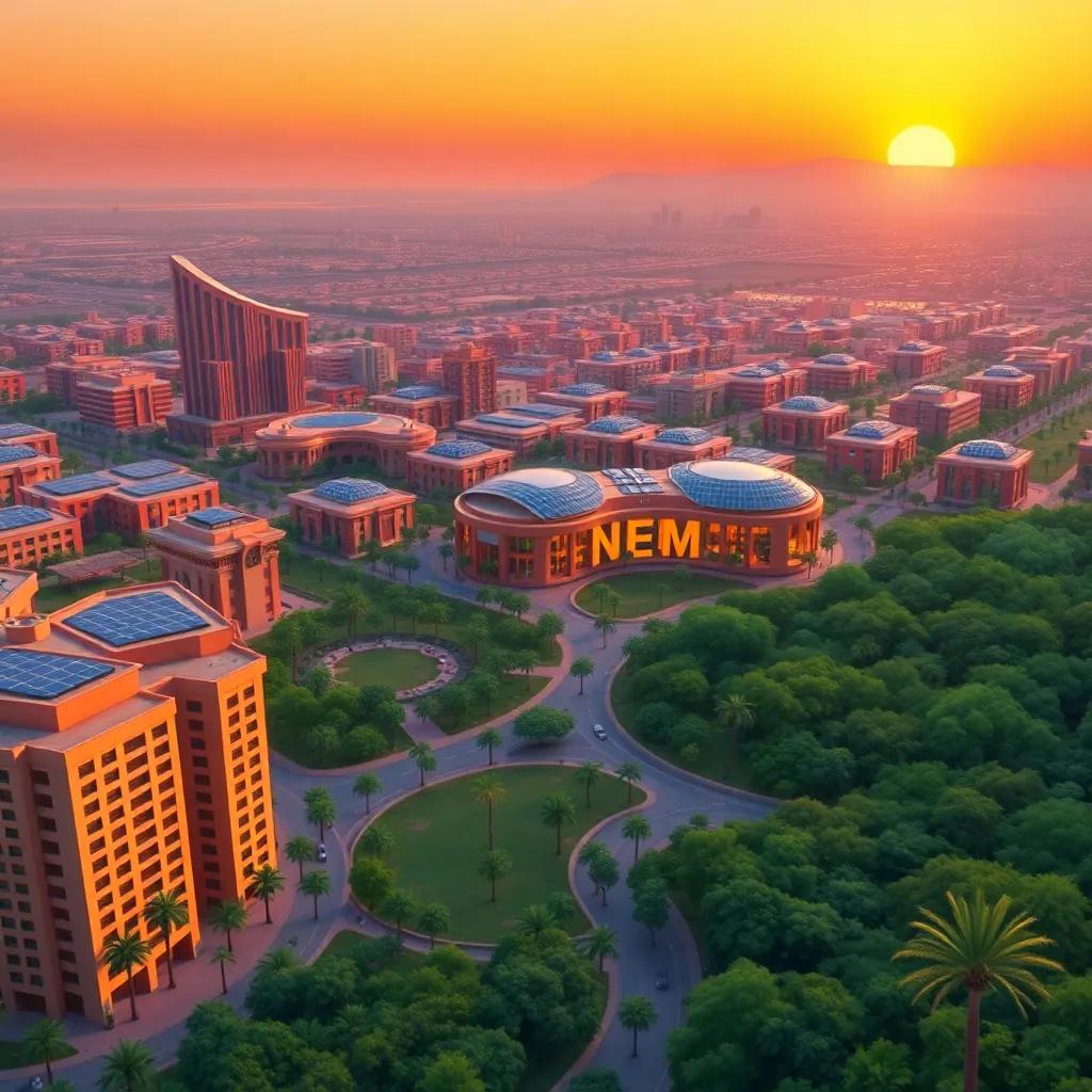 A vibrant view of NEOM city, showcasing its modern architecture with solar panels and lush green parks, during sunset, digital art, colorful, bright shades of orange and green, panoramic view, high quality