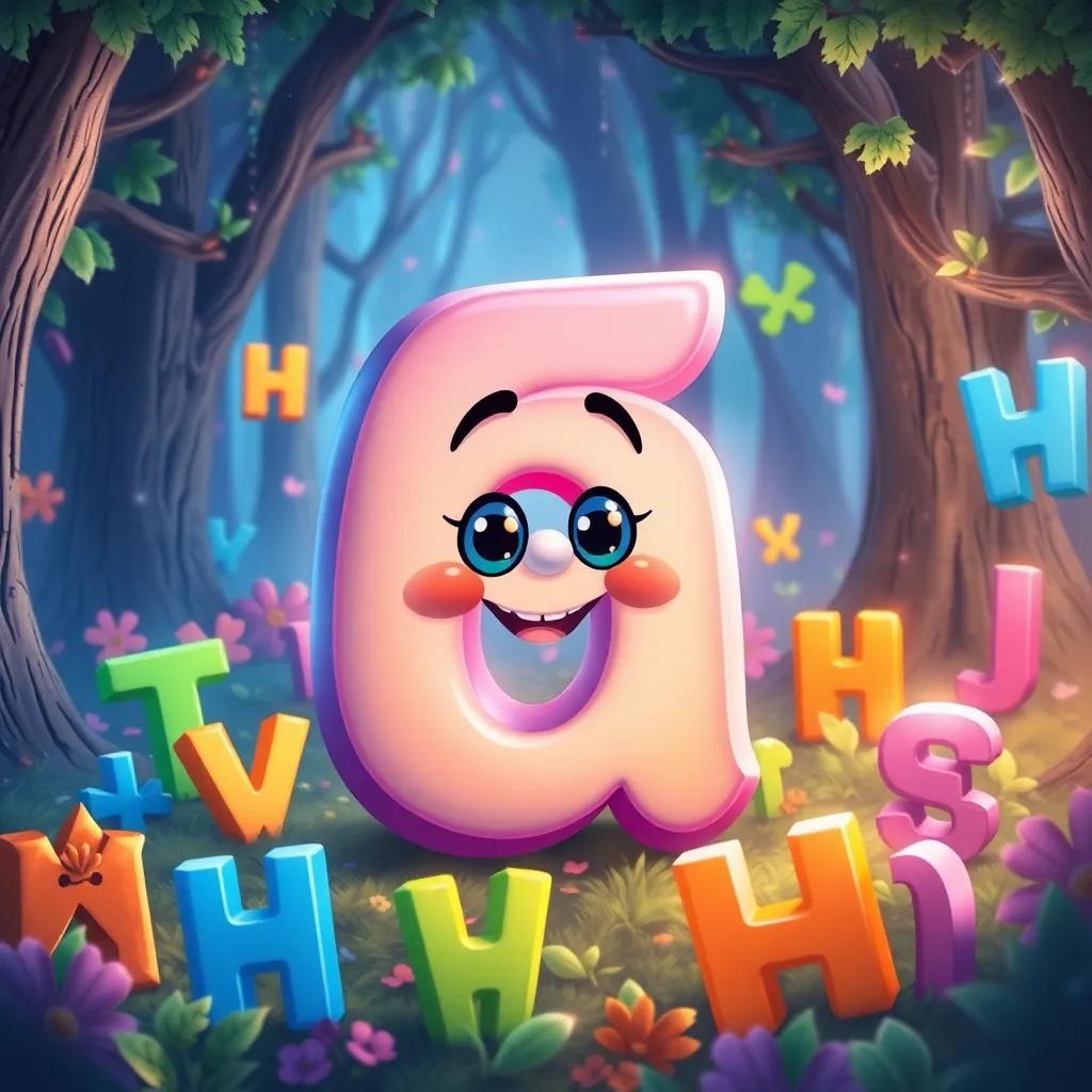 A whimsical letter 'ف', with bright colors and a playful expression, surrounded by other letters in a magical forest of words, illustration, vibrant colors, enchanting atmosphere, child-friendly