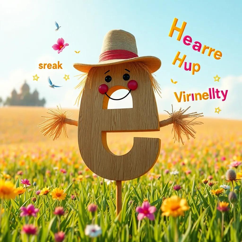 A cheerful letter 'ف', transformed into a scarecrow in a beautiful writing field, with colorful words flying around, digital art, warm light, bright and sunny, uplifting scene