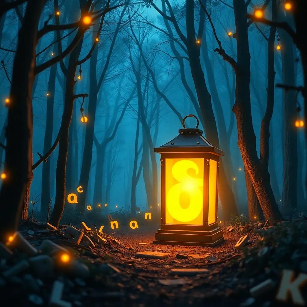 The letter 'ف', now a glowing lantern, lighting up a dark path in the forest filled with letters, mystical ambiance, glowing lights, inviting feel, high quality
